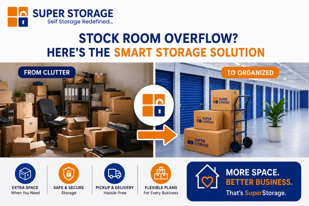 A split image comparing a cluttered office stock room to an organized Super Storage facility hallway with boxes on a trolley.