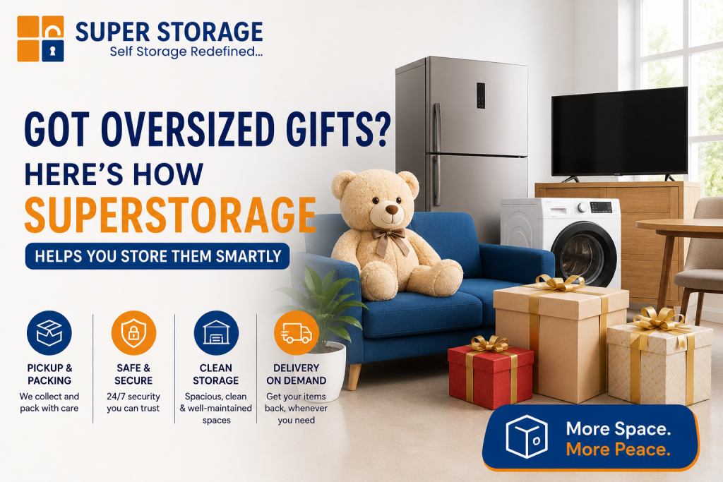 Large gift boxes, a giant teddy bear, and appliances like a fridge and washing machine in a living room, highlighting storage for oversized items.