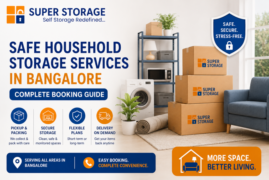 Stacked Super Storage boxes in a modern living room next to a rolled carpet and washing machine, outlining household storage services.