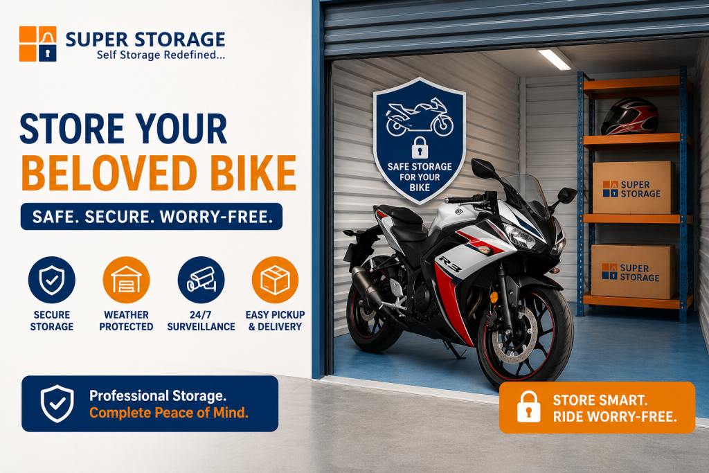 A sportbike parked inside a clean, well-lit Super Storage unit with shelving for gear and security icons.