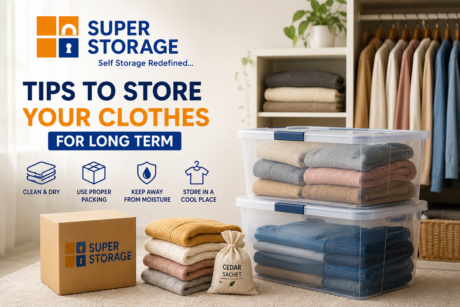 Neatly folded clothes in clear plastic bins and a Super Storage box, featuring tips for moisture-free long-term garment storage.
