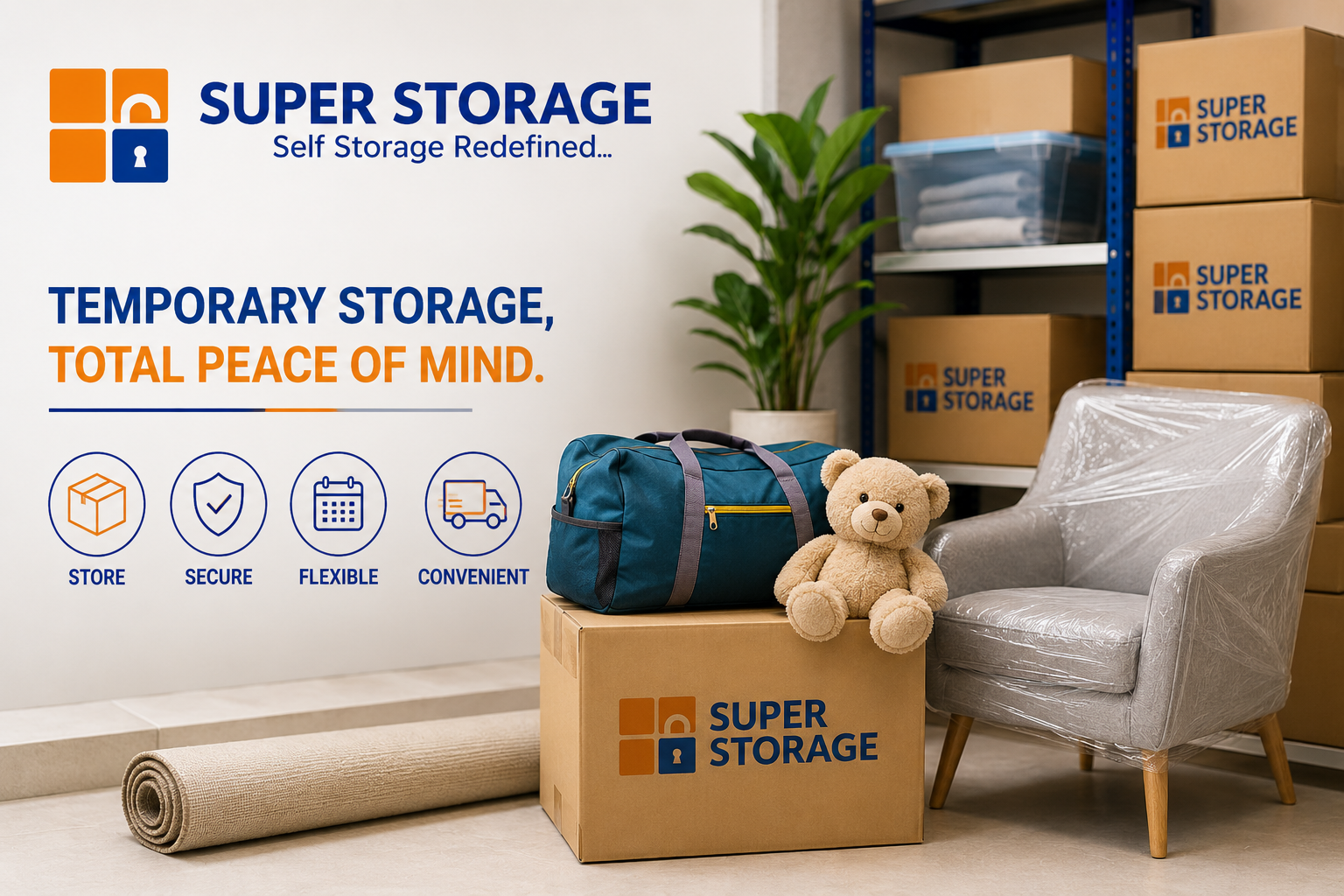 Various household items including a wrapped armchair, a duffel bag, and a teddy bear on a Super Storage box, set against warehouse shelving.