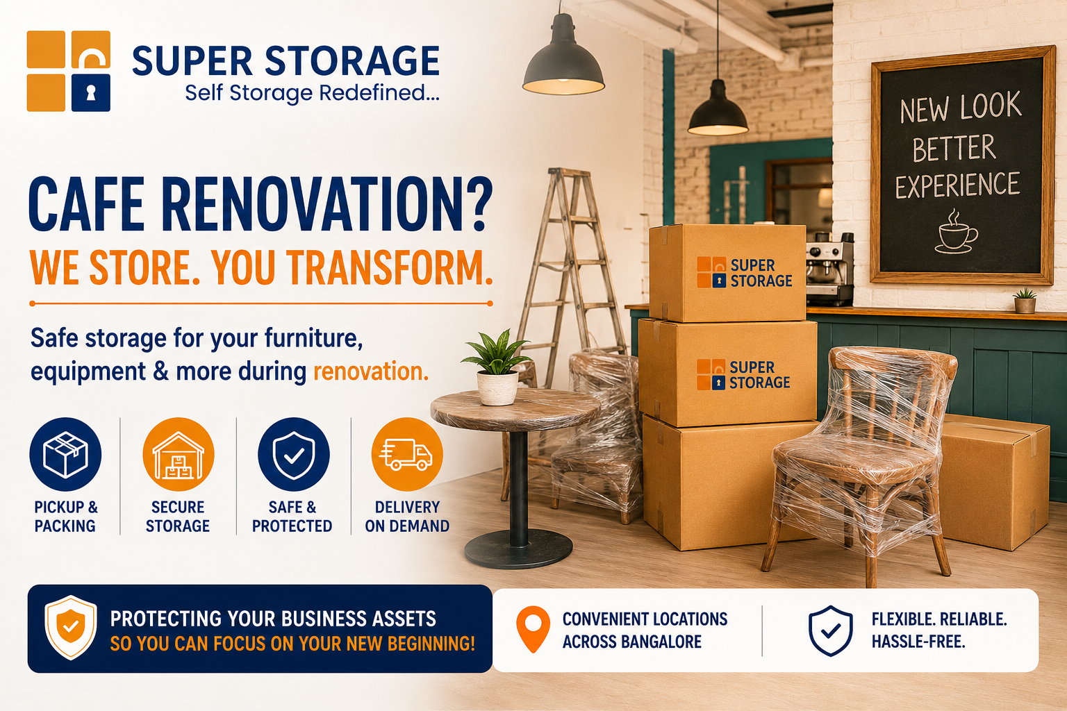 Plastic-wrapped cafe chairs and stacked Super Storage boxes in a coffee shop undergoing renovation, featuring business asset protection icons.