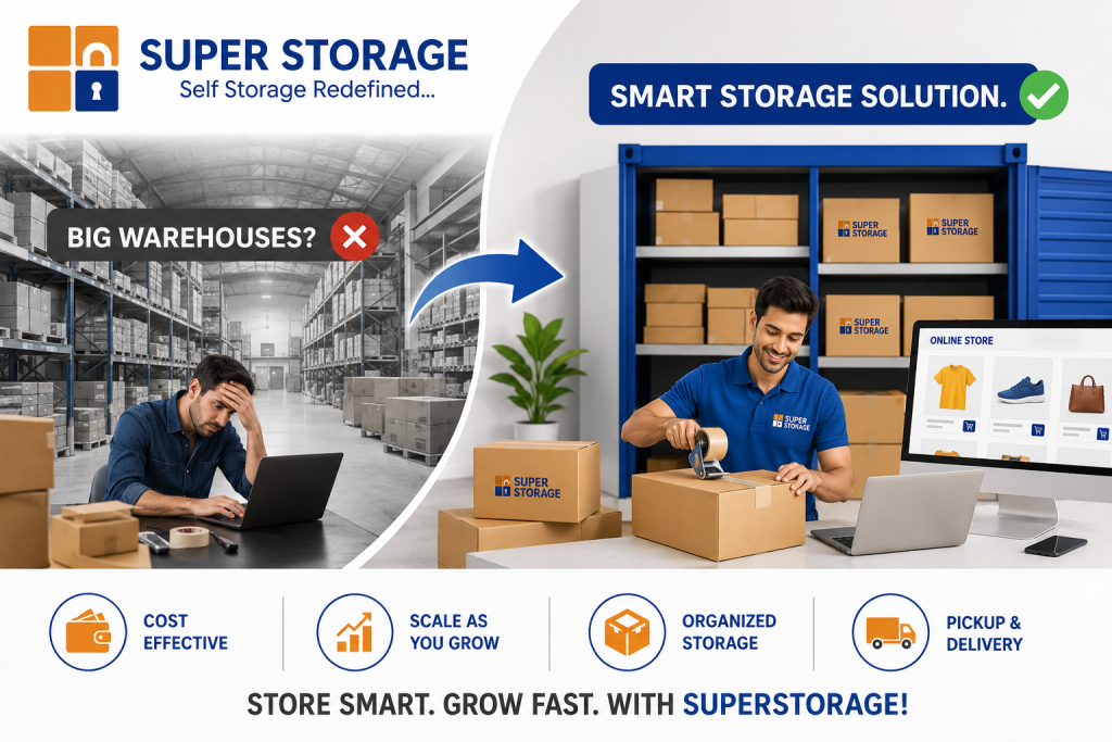 A comparison of a stressed man in a large warehouse versus a smiling Super Storage professional organized with an online store setup.