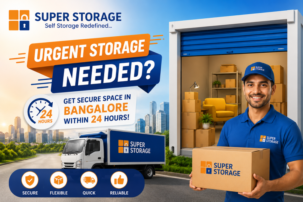 A Super Storage professional holding a box in front of a delivery truck and an open storage unit, highlighting 24-hour service in Bangalore.