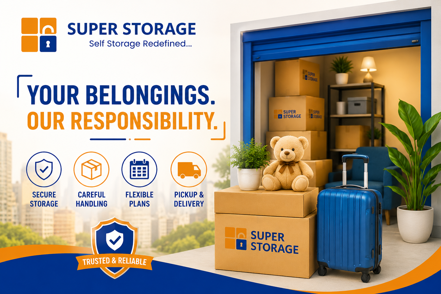 Stacked Super Storage boxes, a blue suitcase, and a teddy bear in front of an open storage unit with a city skyline background.