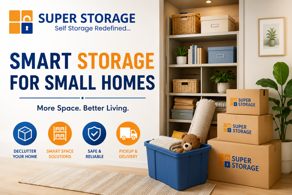 A bright, organized home nook featuring stacked Super Storage boxes, a blue storage bin with a teddy bear, and shelves filled with neatly tucked-away items.