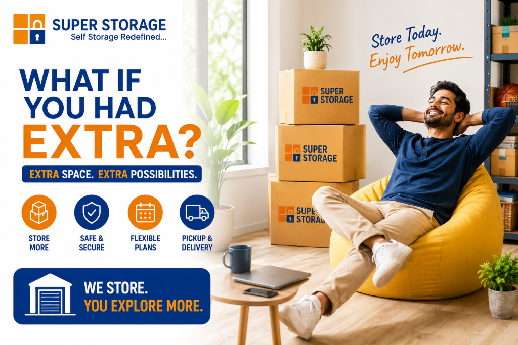 A man relaxing in a yellow beanbag chair with his hands behind his head, next to a stack of Super Storage boxes in a sunlit room.