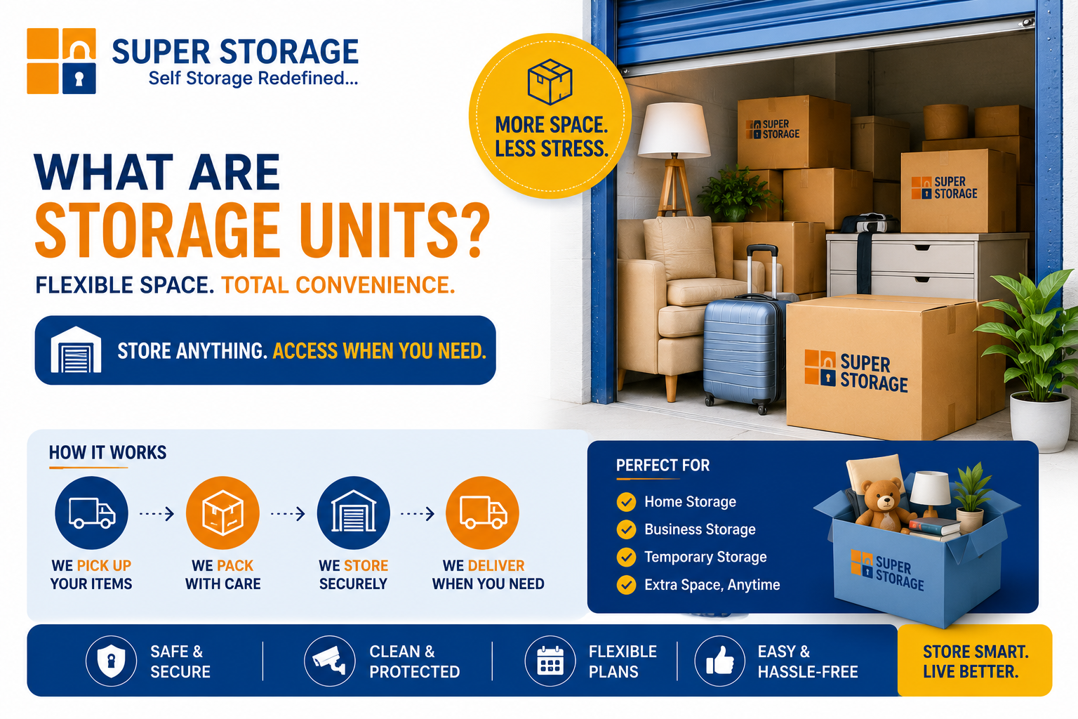 An open storage unit filled with furniture, boxes, and a suitcase, featuring an infographic workflow of the pickup and delivery process.