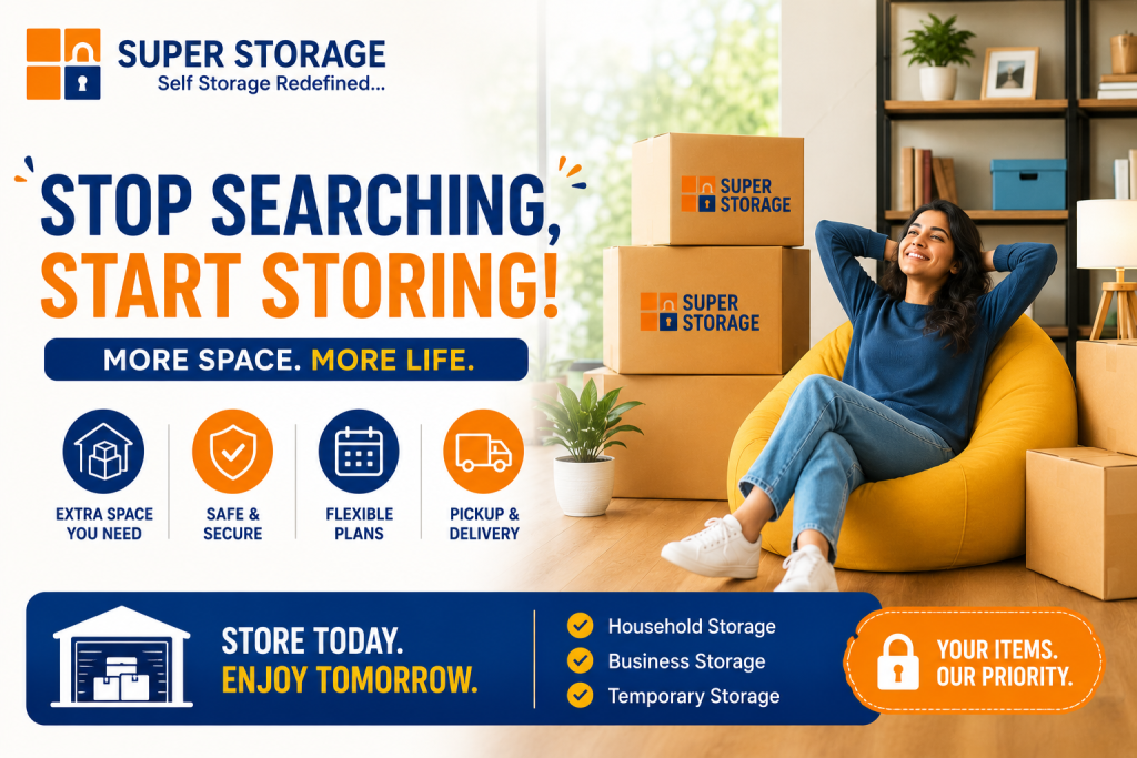 A woman relaxing in a yellow beanbag chair with a smile, surrounded by stacked Super Storage boxes in a sunlit, organized room.