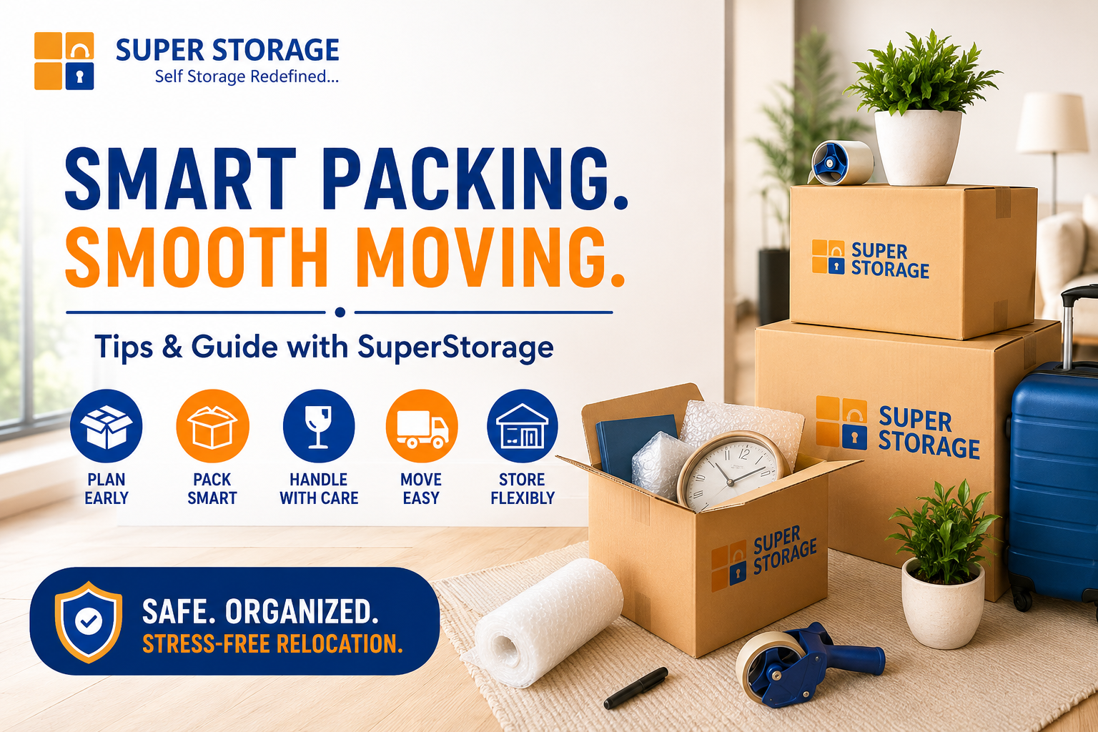 Stacked Super Storage boxes, a roll of bubble wrap, a tape dispenser, and an open box containing a clock, outlining smart relocation tips.