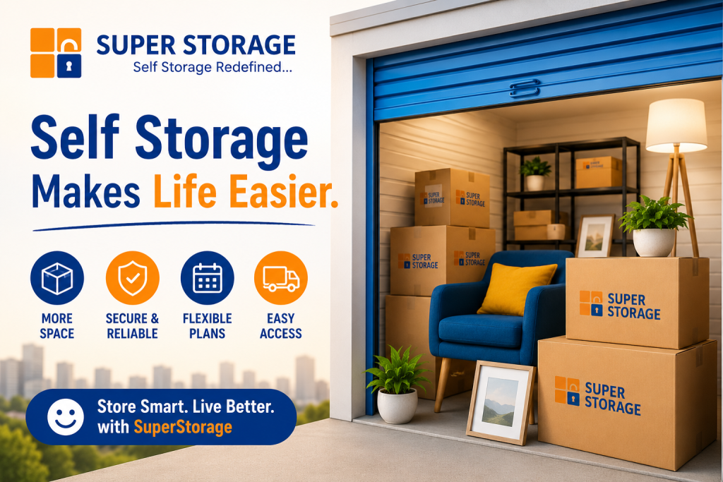 Stacked and open Super Storage boxes in front of a blue armchair and an open, neatly organized storage unit.