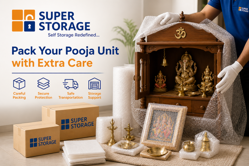 Professional mover in white gloves wrapping a traditional wooden Pooja mandir and brass idols with bubble wrap.