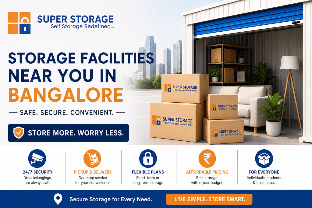 Stacked Super Storage boxes next to an open unit with a sofa, set against a Bangalore skyline and service icons.