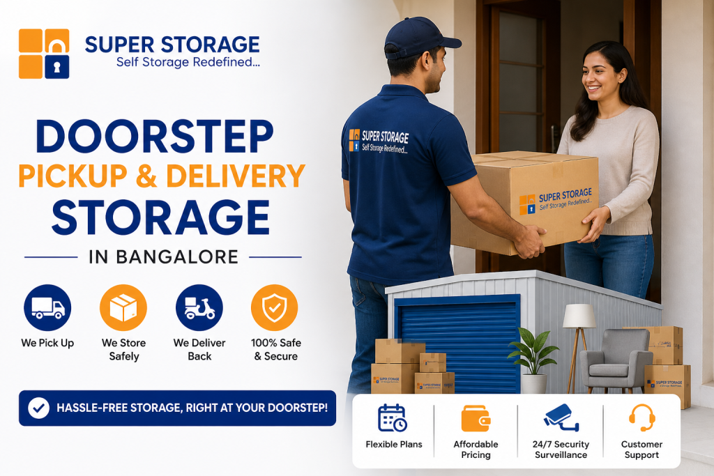 A Super Storage professional in uniform handing a branded box to a customer at her doorstep in Bangalore.