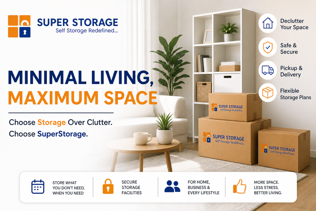 A clean, minimalist living room with Super Storage boxes ready for pickup alongside service icons for decluttering and security.