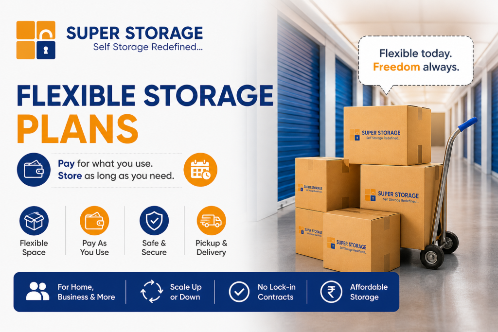 Stacked Super Storage boxes on a trolley in a modern facility hallway with blue unit doors and flexible service icons.