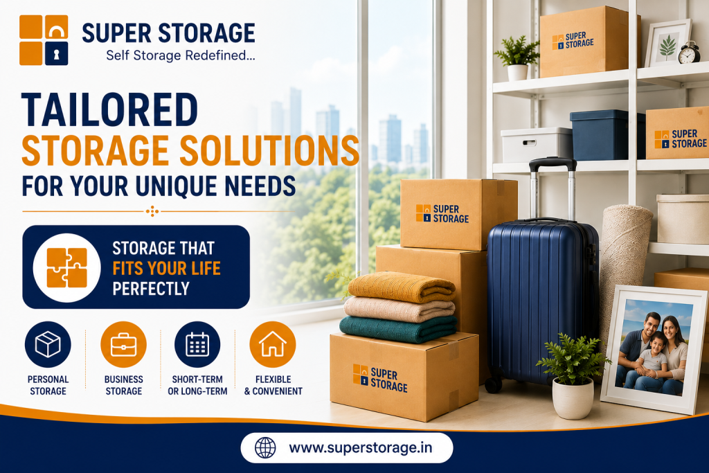 An informational marketing graphic showing stacked branded cardboard boxes, a blue rolling suitcase, folded blankets, and a framed family photo arranged on a floor by a large window overlooking a city skyline.