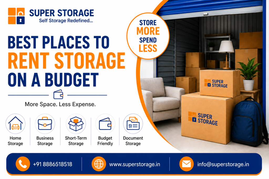 An informational marketing banner showing a beige armchair, stacked branded cardboard boxes, and a blue backpack arranged in front of an open self-storage unit packed with household items.