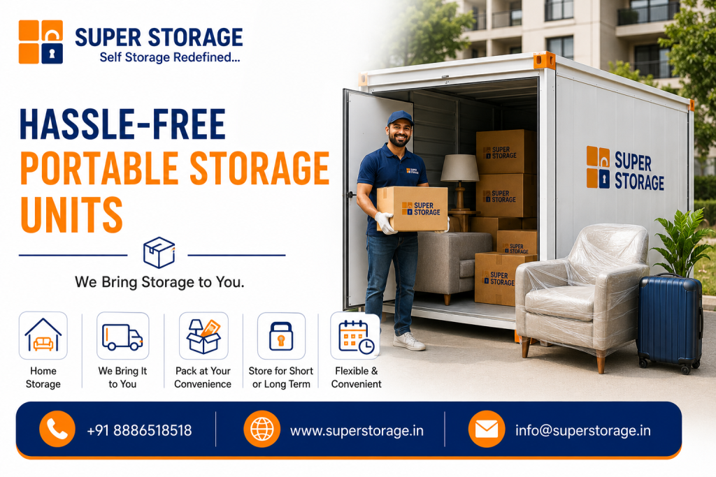 An informational marketing banner showing a smiling logistics worker standing by an open white portable storage container packed with boxes and a sofa, next to a plastic-wrapped armchair and a blue suitcase.