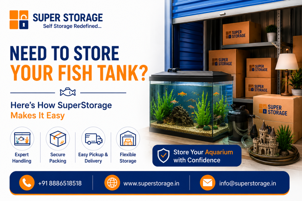 An informational marketing banner displaying a lit glass aquarium with fish and green plants, positioned next to a canister filter and a decorative toy castle in front of an open storage locker packed with boxes.