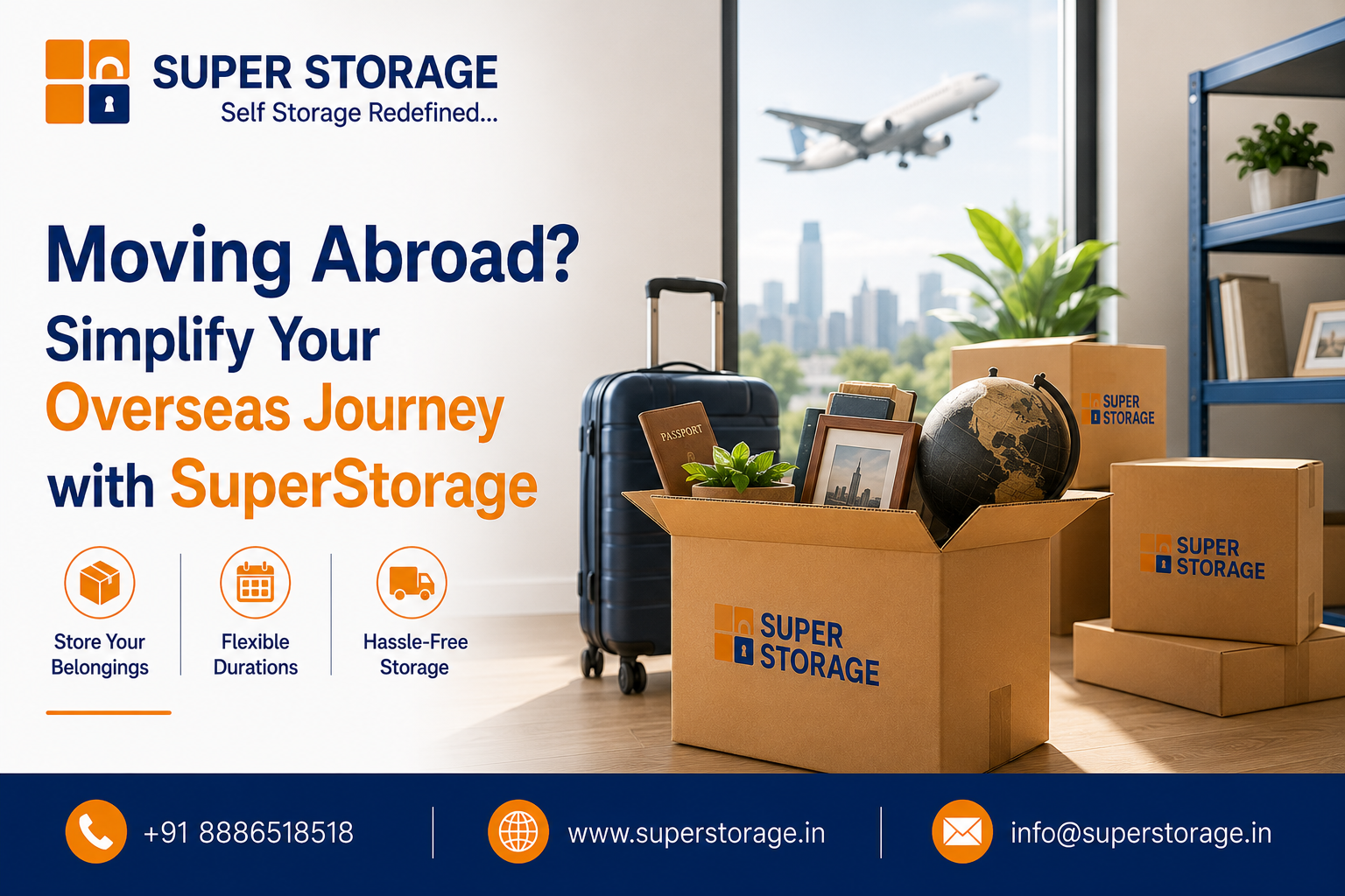 An informational marketing banner showing an open branded box packed with personal belongings, a suitcase, and a globe in a room overlooking a large window where an airplane flies over a city skyline.