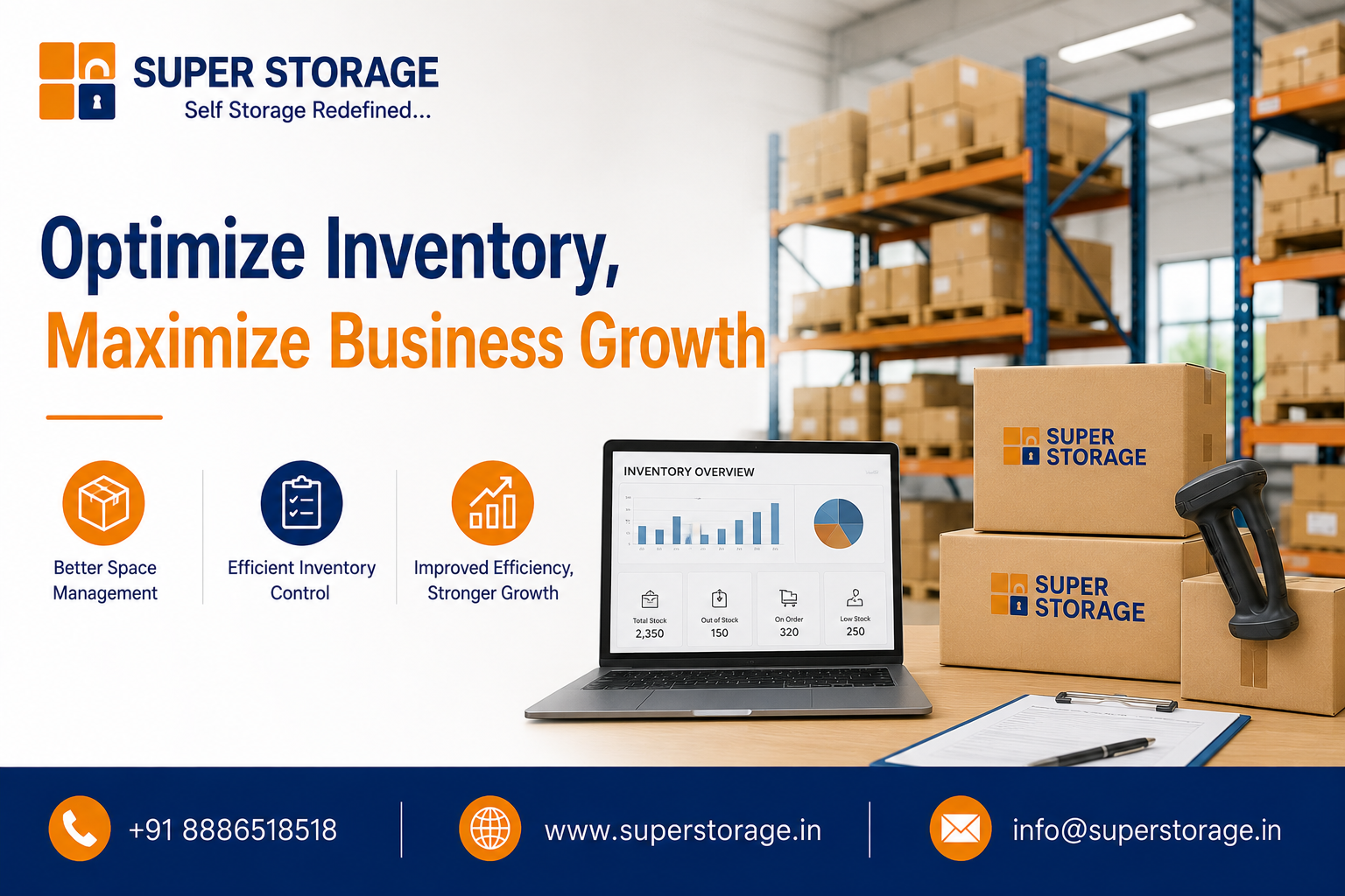 An informational marketing banner displaying an open laptop showing an inventory dashboard data screen on a wooden table next to branded boxes, a barcode scanner, and warehouse pallet racks in the background.
