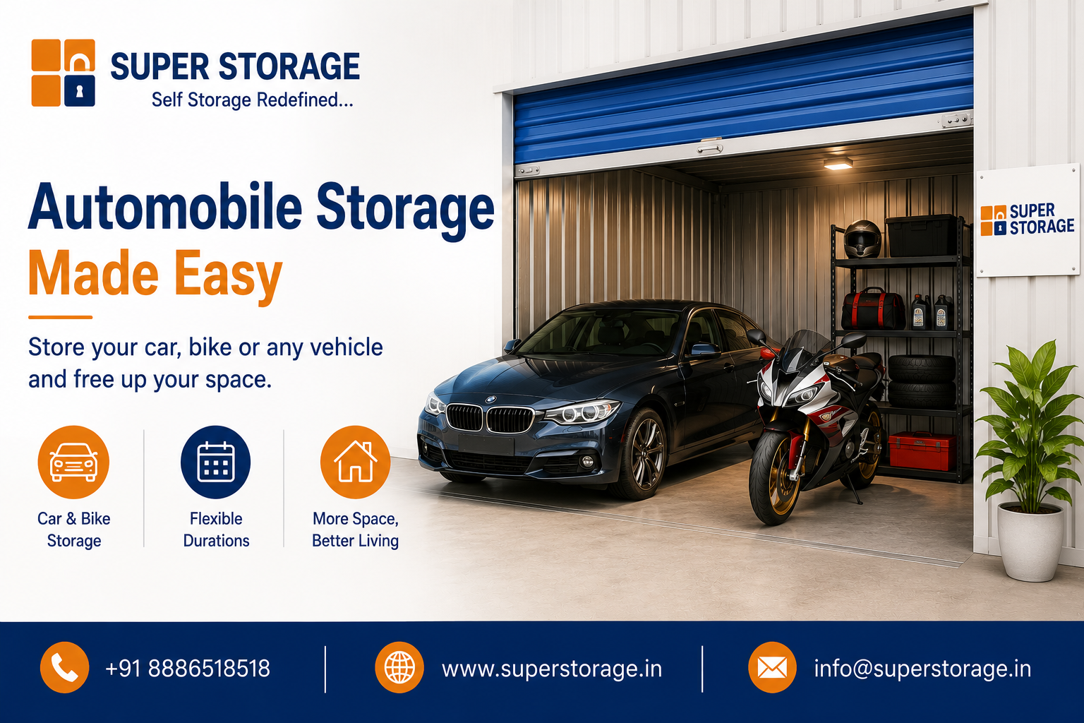 An informational marketing banner showing an open garage-style self-storage unit under a blue roll-up metal door, containing a dark blue sedan and a sport motorcycle parked alongside a shelving unit filled with automotive accessories.