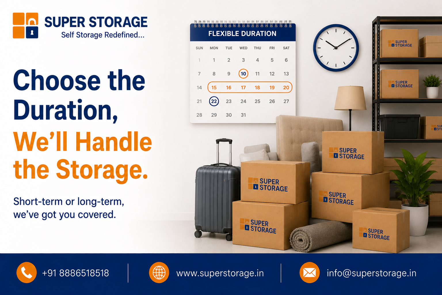 An informational marketing banner showing a large wall calendar labeled "FLEXIBLE DURATION" hanging above a collection of packed branded cardboard boxes, a grey suitcase, and a rolled rug in front of a shelving rack.