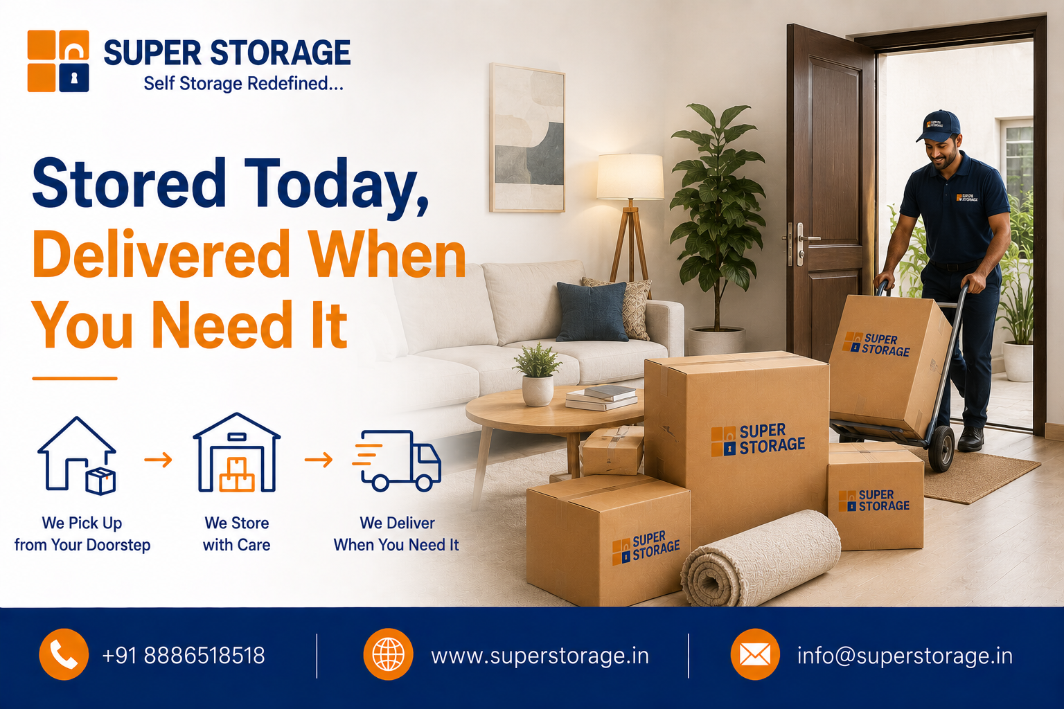 An informational marketing banner featuring a professional mover pushing a branded cardboard box on a hand truck into a modern living room filled with stacked boxes and home decor.