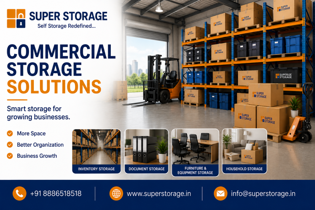 An informational marketing banner showing a large warehouse interior with an orange forklift and pallets of branded boxes, alongside four smaller panels illustrating specific storage use cases.