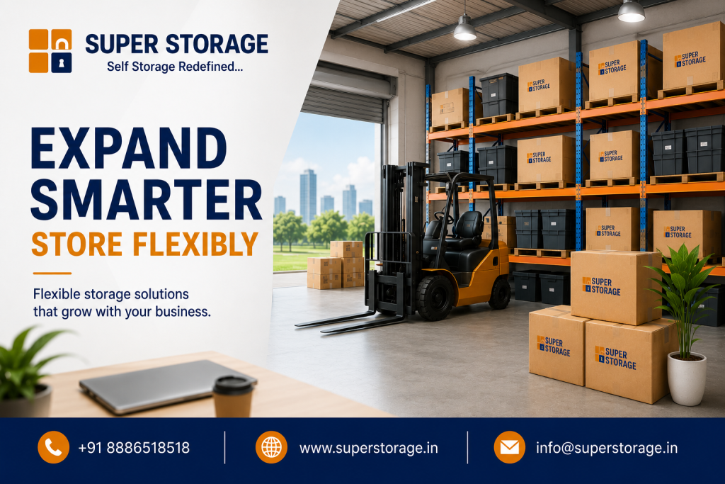 An informational marketing banner showing a large warehouse interior with an orange forklift, packed blue and orange pallet racks, and a closed laptop on a foreground desk.