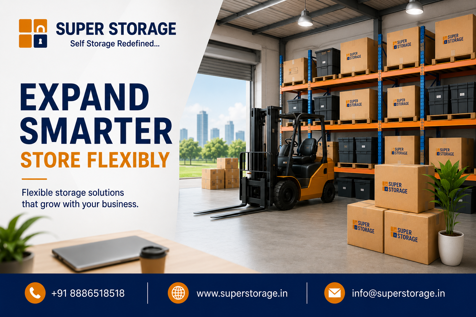 An informational marketing banner showing a large warehouse interior with an orange forklift, packed blue and orange pallet racks, and a closed laptop on a foreground desk.