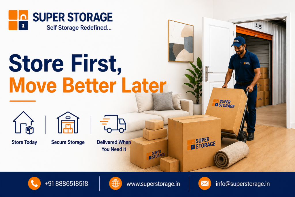 An informational marketing banner showing a uniform-clad professional mover wheeling a branded cardboard box on a hand truck out of a home toward an open self-storage unit, alongside a stack of packed boxes and a rolled rug.