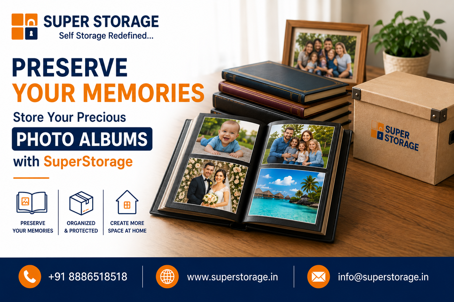 An informational marketing banner showing an open leather photo album displaying family memories, resting on a wooden table next to a stack of vintage albums, a framed family portrait, and a sturdy branded storage box.