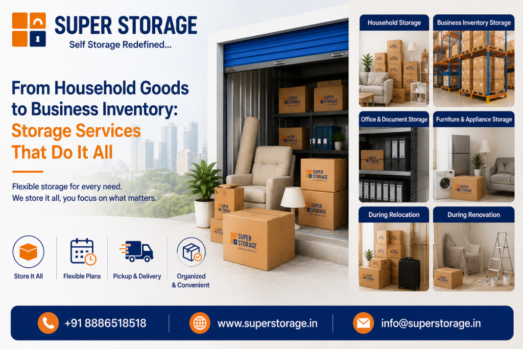 An informational marketing banner highlighting versatile self-storage services, featuring an open drive-up storage unit containing packed boxes and furniture, paired with a six-grid image gallery depicting various storage applications such as household, business inventory, document, appliance, relocation, and renovation storage.