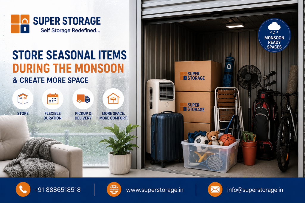 An informational marketing banner highlighting monsoon-ready storage solutions, showing a rain-streaked window behind a sofa next to an open drive-up storage unit packed with seasonal outdoor gear, sporting equipment, a portable cooler, and stacked branded boxes.