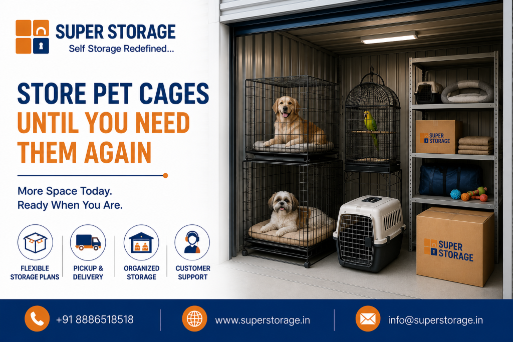 An informational marketing banner showing an open drive-up self-storage unit containing stacked metal dog crates, a bird cage, a hard-shell pet carrier, and organized shelving with pet supplies and branded boxes.