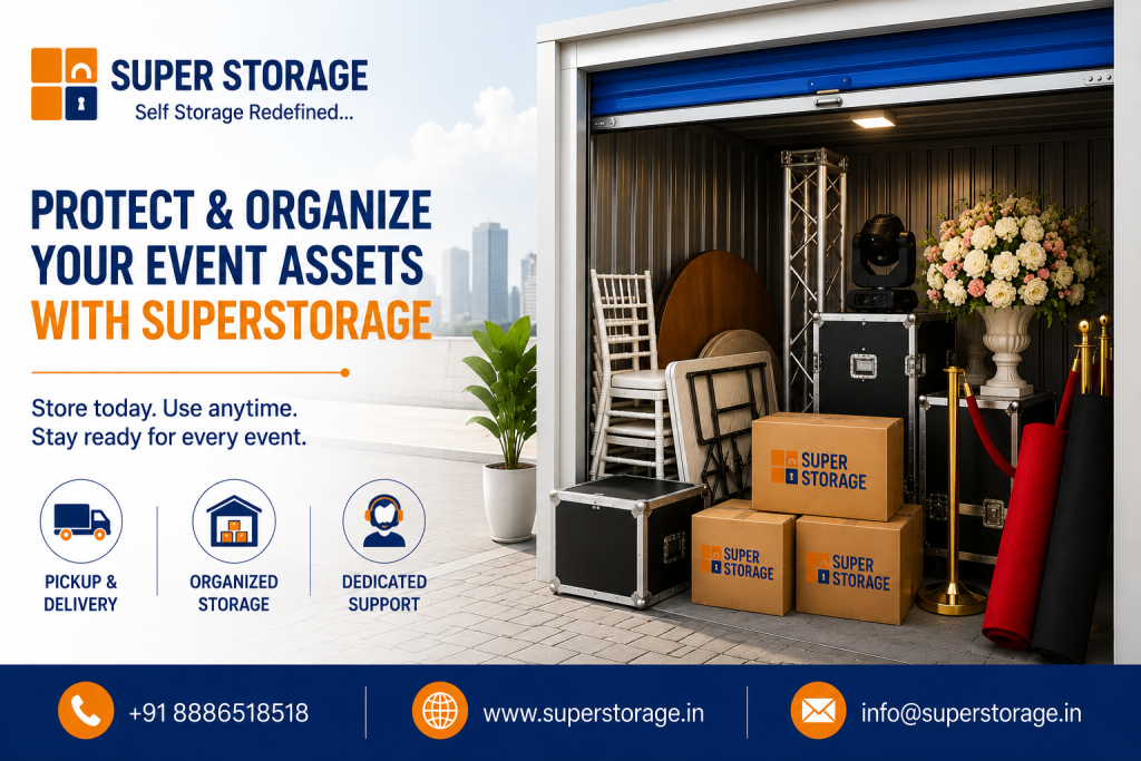 An informational marketing banner showing an open drive-up self-storage unit filled with event management assets, including stacked Chiavari chairs, folded banquet tables, flight cases, lighting equipment, floral arrangements, brass stanchions, rolled carpets, and stacked branded cardboard boxes.