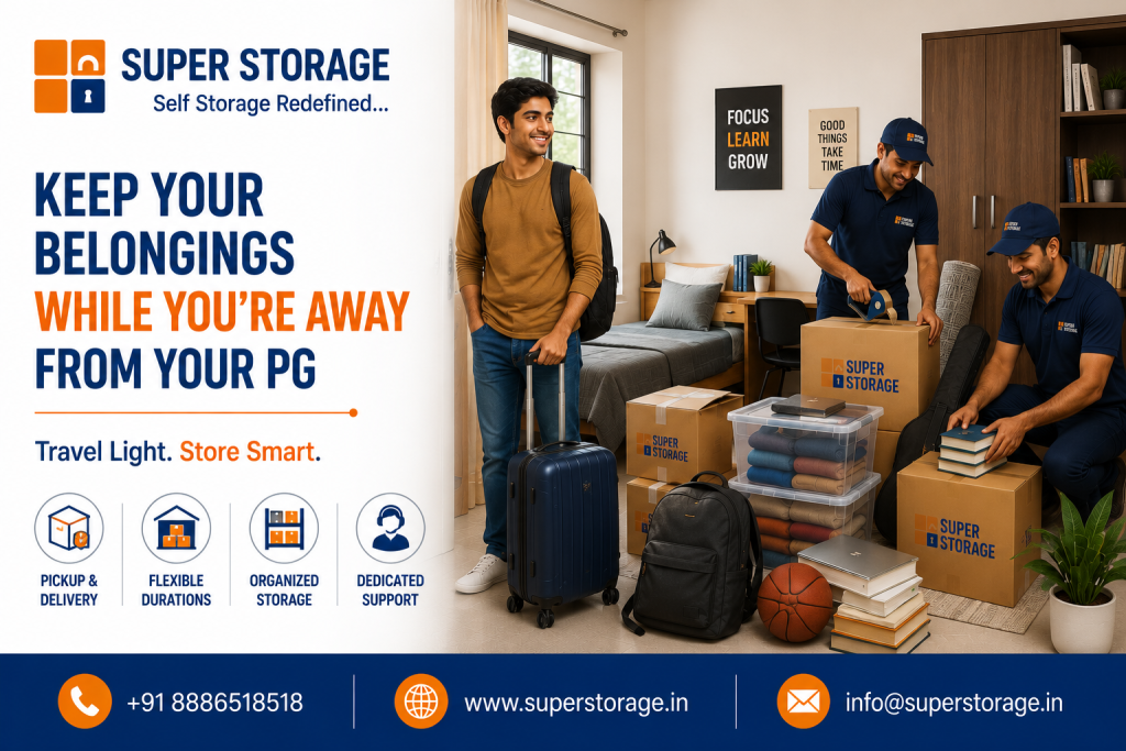 An promotional image for Super Storage featuring a young man standing with a blue rolling suitcase and a backpack in a student room, ready to travel, while two staff members in branded blue uniforms assist with packing belongings into Super Storage cardboard boxes, clear plastic bins, and bags, accompanied by text reading "Keep Your Belongings While You're Away From Your PG" and contact details at the bottom.