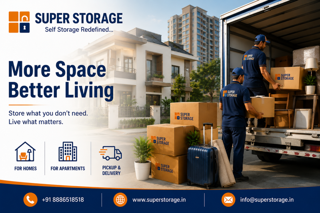 A promotional image for Super Storage featuring two movers in branded blue uniforms loading cardboard boxes and household furniture into the back of a moving truck outside a modern apartment complex, accompanied by the headline "More Space Better Living", service icons for "For Homes", "For Apartments", and "Pickup & Delivery", and contact details at the bottom.