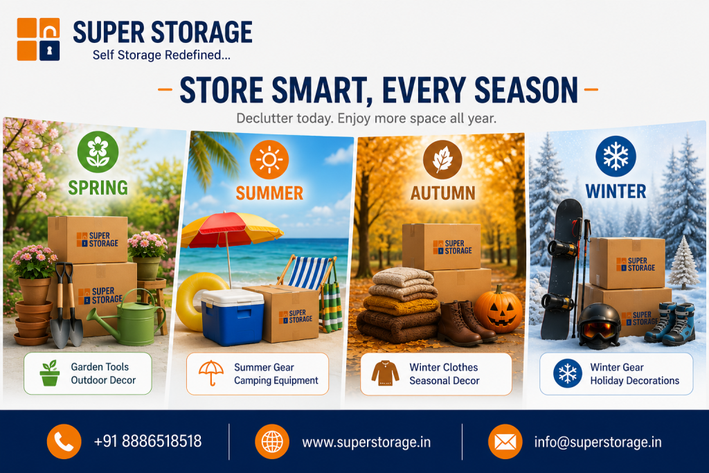 A promotional image for Super Storage split into four seasonal sections—Spring, Summer, Autumn, and Winter—showing Super Storage boxes alongside seasonal items such as garden tools and flower pots for spring, a beach umbrella, cooler, and beach chair for summer, stacked sweaters, boots, and a pumpkin for autumn, and a snowboard, helmet, and ski boots for winter, accompanied by the headline "Store Smart, Every Season" and contact details at the bottom.