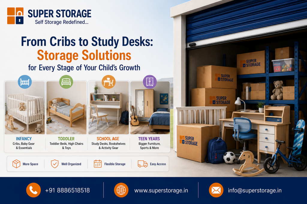 A promotional banner for Super Storage depicting child growth stages—Infancy, Toddler, School Age, and Teen Years—alongside an open self-storage unit filled with items like cribs, study desks, wooden rocking horses, bicycles, and Super Storage cardboard boxes, accompanied by the headline "From Cribs to Study Desks: Storage Solutions for Every Stage of Your Child's Growth" and contact details at the bottom.