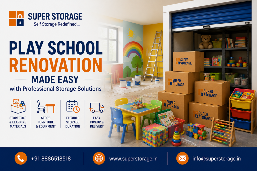 A promotional banner for Super Storage highlighting play school renovation solutions, depicting a preschool classroom undergoing repainting alongside colorful plastic chairs, activity tables, learning toys, and stacked Super Storage cardboard boxes neatly stored in a blue roll-up storage unit, accompanied by service icons and contact details at the bottom.