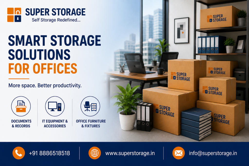 A promotional banner for Super Storage highlighting commercial solutions, depicting a modern corporate office setting with stacked Super Storage cardboard boxes, document binders, and office decor next to a desk, accompanied by the headline "Smart Storage Solutions For Offices", icons for "Documents & Records", "IT Equipment & Accessories", and "Office Furniture & Fixtures", and contact details at the bottom.