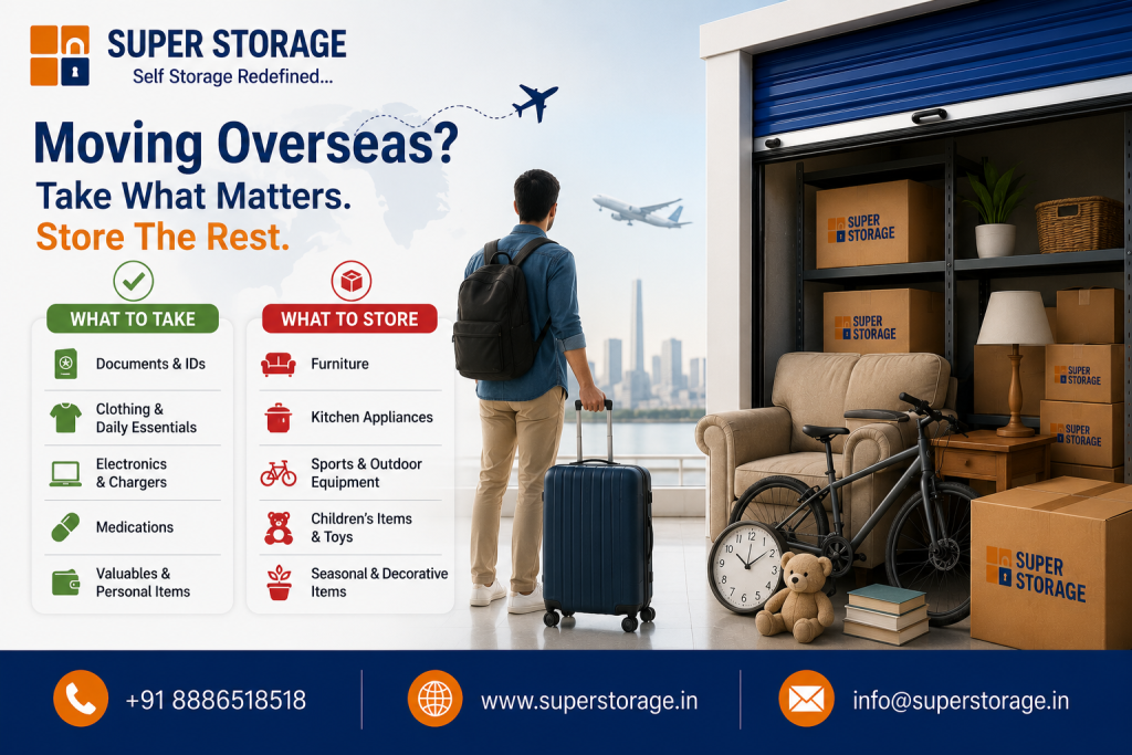 A promotional banner for Super Storage targeted at international movers, featuring a man with a backpack and navy suitcase looking out towards airplanes taking off, accompanied by a checklist comparing "WHAT TO TAKE" (Documents, Clothing, Electronics, Medications, Valuables) versus "WHAT TO STORE" (Furniture, Kitchen Appliances, Sports Equipment, Children's Items, Seasonal Decor) alongside a secure storage unit filled with household goods and contact details at the bottom.