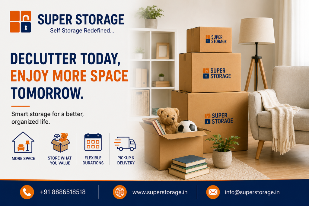 An informational marketing banner showing vertically stacked branded cardboard boxes, a cozy armchair, and an open box with a teddy bear and soccer ball in a well-organized modern living room.