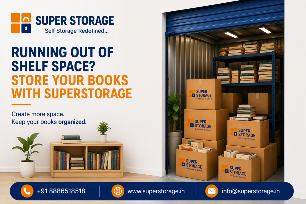 An informational marketing banner asking "Running Out of Shelf Space?" showing a home interior with a full bookshelf contrasted with an open self-storage unit filled with packed branded cardboard boxes and neat stacks of books on metal shelves.