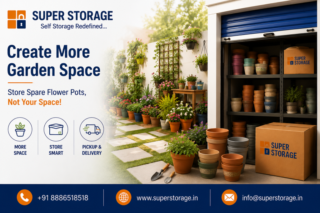 A promotional banner for Super Storage encouraging garden decluttering, featuring a lush, green backyard garden with stone pavers alongside an open storage shed containing neatly stacked terracotta, clay, and ceramic pots, gardening tools, and Super Storage cardboard boxes, accompanied by the headline "Create More Garden Space" and contact details at the bottom.