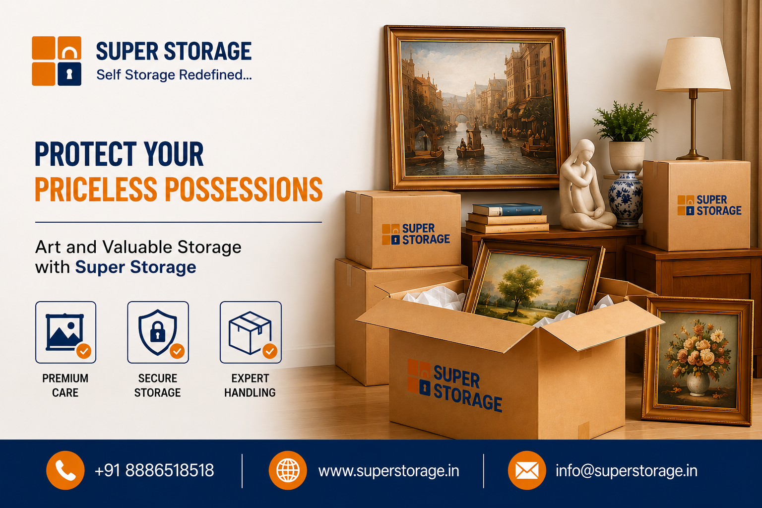 An informational marketing banner showing framed fine art paintings, a sculpture, and home decor arranged around an open branded cardboard box packed with protective paper lining on a wooden floor.